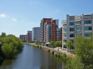 an image of the River Aire waterfront in Leeds