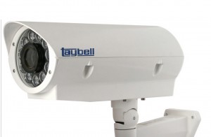 an image of an external CCTV camera with Taybell branding and LED lighting