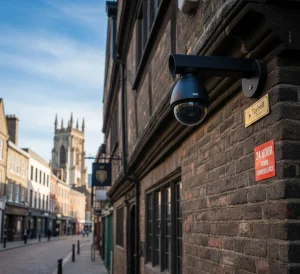 CCTV camera mounted on a brick wall, monitoring a city street in York.