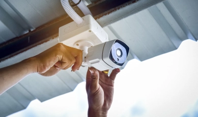 Technician installing a security camera for an access control system