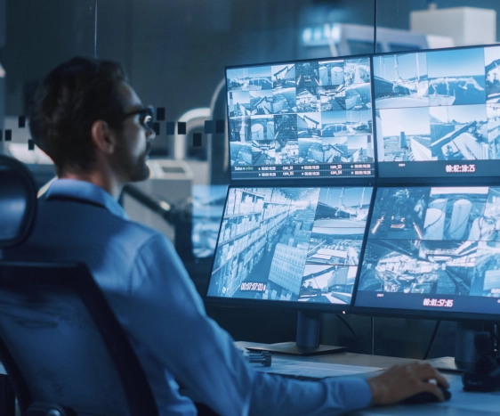 A man looking at 4 different monitors, each displaying several different camera screens. Shows the flexibility of home security systems