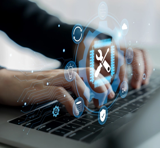 Hands typing on a keyboard with a holographic projection of a wrench and screwdriver above. Displays home security system installation