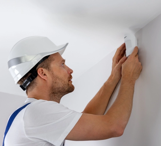 Technician installing wireless systems on an interior wall in a residential property.