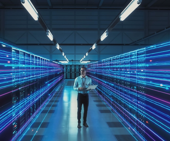 IT professional in a data center secured by access control systems