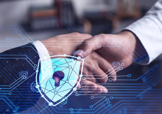 Business handshake with digital shield icon representing trusted security services